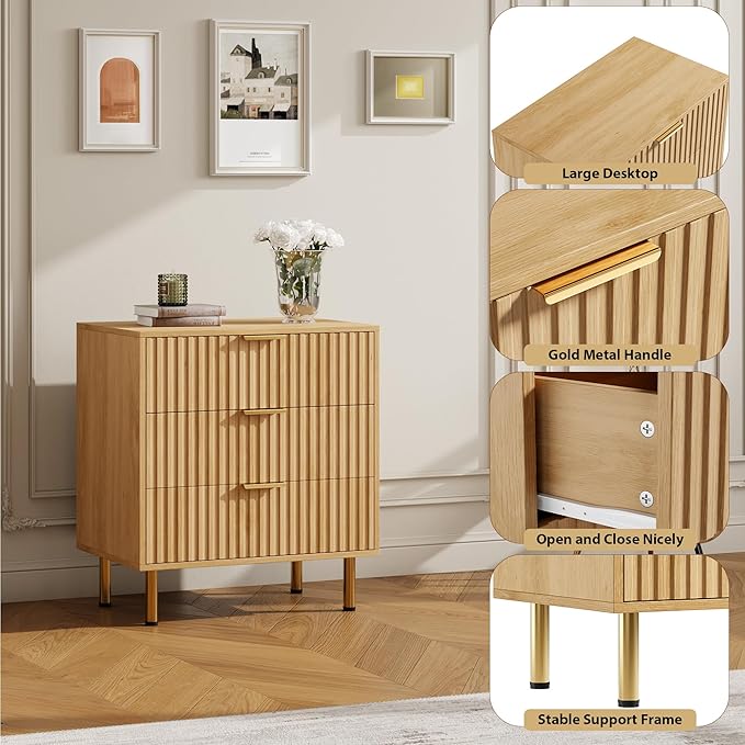 GarveeHome Natural 3 Drawer Dresser for Bedroom, Fluted Modern Nightstand with Deep Drawers, Chest of Drawers with Wide Top, Wooden Dresser Organizer, Side Table for Living Room, Hallway, Kids Room