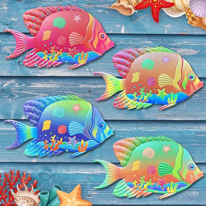 Oraytteo Metal Fish Outdoor Wall Decor, 4 Pack Sea Fish Wall Art Hanging Decorations for Indoor Outdoor Barthroom Fence Pool Patio Decor, Gift for Mom Dad Friends