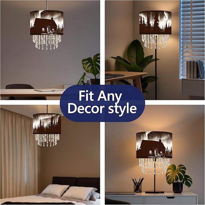 Northern Aurora Cabin Lamp Shade with Acrylic Bead Droplets, Black & White Drum Fabric Light Shade for Ceiling Pendant Table & Floor Lamps, Winter Landscape Decor, 11.8in