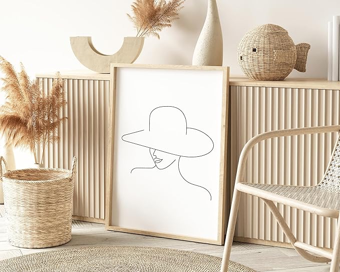 Y2K BOO Elegant Woman in Hat UNFRAMED Wall Art Minimalist Feminine Profile Continuous Line Drawing 24x36 Inch Heavyweight Paper chic Studio Decor