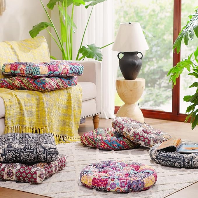 Codi Meditation Floor Pillow, Boho Pillows Seating for Adults and Kids, Large Cushion for Yoga Living Room Tatami Sitting, Memory Foam Added, 22x22 Inch Pack of 2, Round - Multi Blaidiere