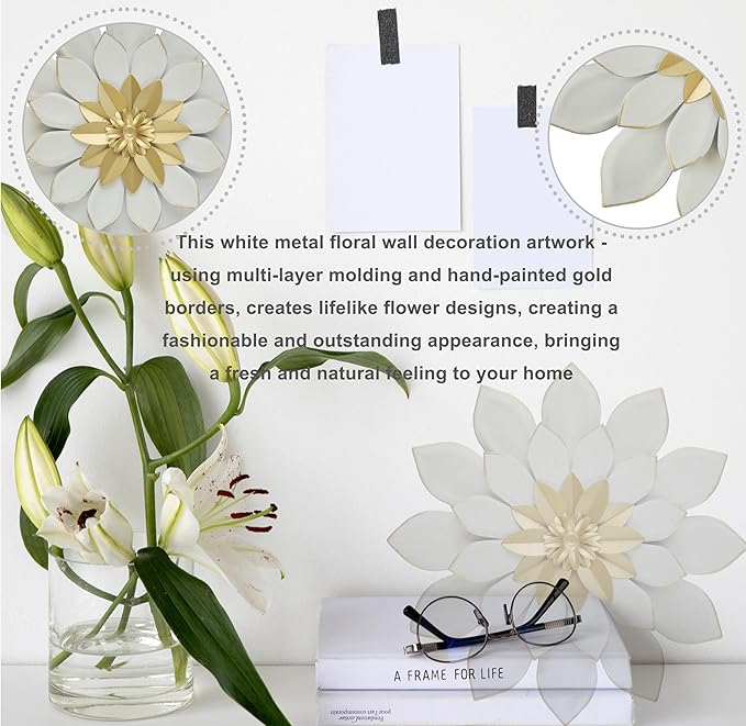 JWZSKZYZ Metal Flower Wall Decor, 9.5inch white gold Modern Iron Floral Wall Art Sculpture Farmhouse Hanging Decoration for Home Living Room, Bathroom, Kitchen, indoor, Patio Porch - （White）