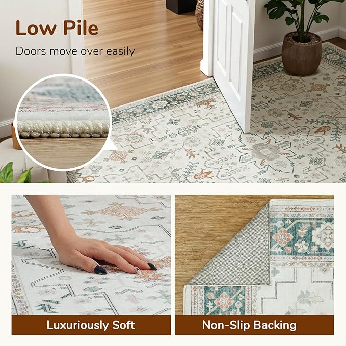Lessymo Washable Area Rug 9x12 for Living Room, Cream Green Large Rugs for Bedroom Dining Nursery Room, Soft Non-Slip Vintage Floral Oushak Carpet, Boho Tribal Farmhouse Decor