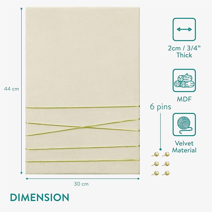 Navaris Fabric Memo Bulletin Board - 12" x 17" Velvet Memory Board for Wall to Display Photo Collages, Pictures, Notes - Includes 6 Push Pins - Beige