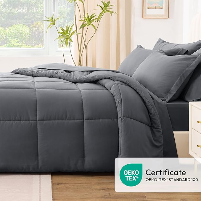 Love's cabin Twin Comforter Set Soot Grey, 5 Pieces Twin Bed in a Bag, All Season Bedding Sets with 1 Comforter, 1 Flat Sheet, 1 Fitted Sheet, 1 Pillowcase and 1 Pillow Sham