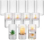 Glasseam Glass Pillar Candle Holder: Set of 12 Hurricane Candle Holders for Floating Candles Decorative Ribbed Vase for Flowers Cylinder Vases for Centerpieces Wedding Dining Table Thanksgiving 5.91’’