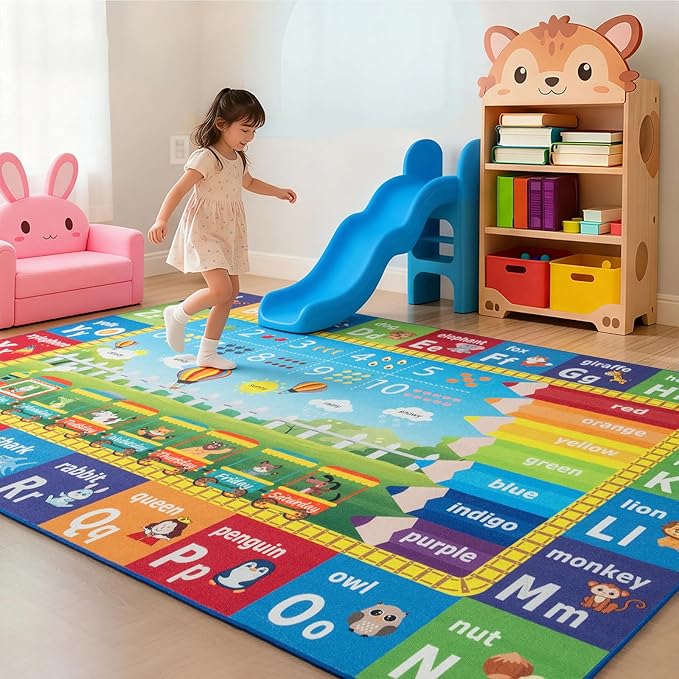 ST. BRIDGE Educational Kids Area Rug 8x10 Feet, Non Slip Play Mat Learning with ABC Alphabet, Numbers & Animals for Preschool Toddler, Soft Washable Carpet for Playroom Nursery Classroom Bedroom