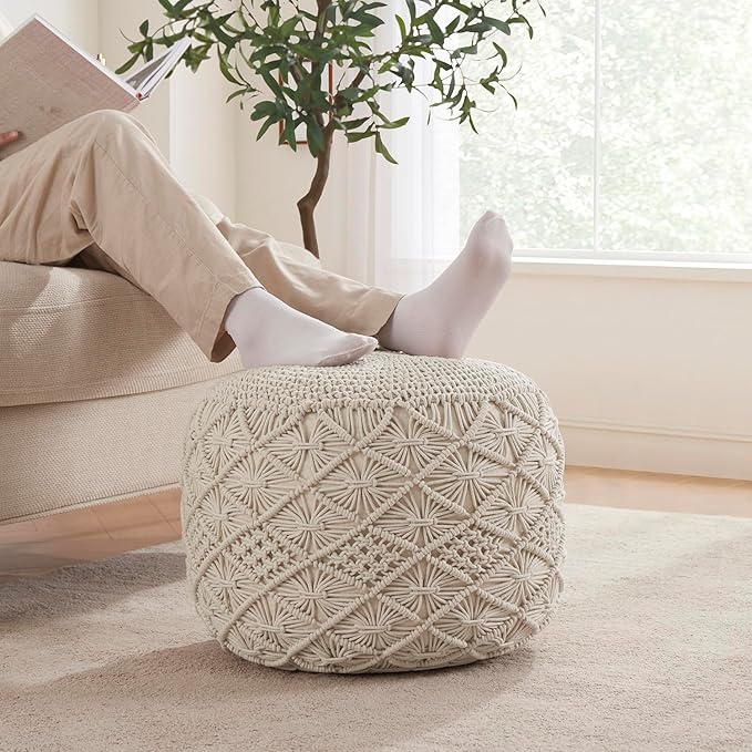 Ornavo Home Pouf Ottoman Foot Rest - 100% Cotton Pouffe - Hand Knitted Macrame Braid - Boho Round Stuffed Ottoman for Living Room, Bedroom - Natural