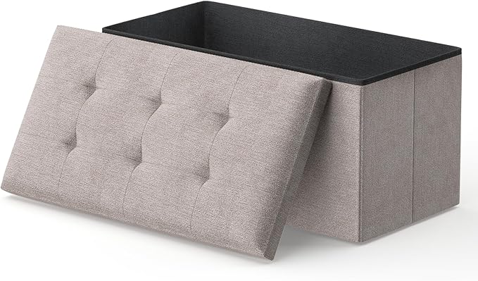 MoNiBloom 30 Inches Storage Ottoman Bench, Rectangle End of Bed Bench, Storage Padded Seat, Linen Fabric Ottoman Footrest for Living Room, Bedroom, Entryway, Sandy Beige