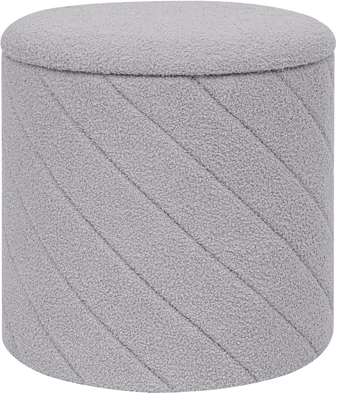 Round Boucle Storage Ottoman with Reversible Wood Tray, 17.7" Sherpa Cylinder Footrest Stool with Storage, Upholstered Folding Ottoman Coffee Table for Living Room Bedroom Dorm, Grey