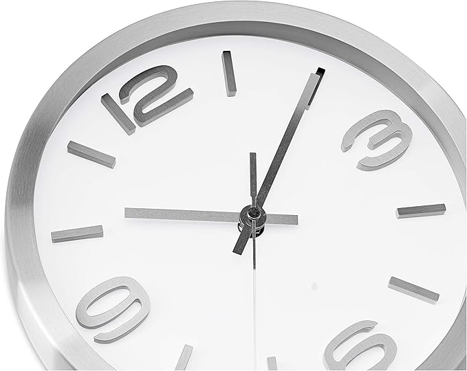 Bernhard Products Modern Wall Clock 10 Inch Silver Silent Non Ticking Battery Operated Round Elegant Metal Quality Quartz for Kitchen Home Office Clock with 3D Numbers, Easy to Read