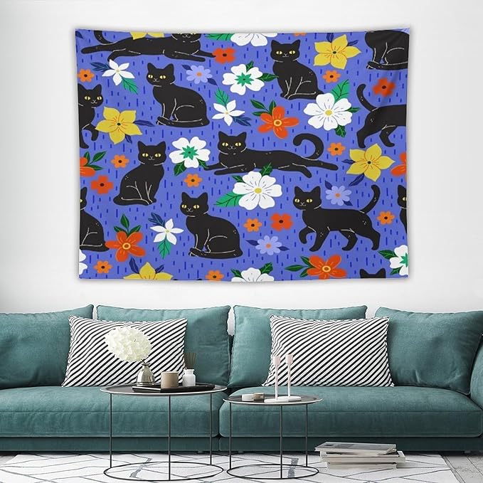VUMIVI Black Cat Floral Tapestry Red White Hand-Painted Flowers Cute Animals Kids' Doodles Tapestry Wall Hanging for Living Room Bedroom Dorm Classroom Aesthetic Decor W80xL60in