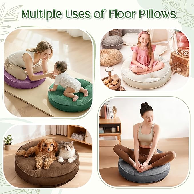 Floor Pillow Set of 2, Memory Foam Meditation Cushion, Floor Cushions for Adults Sitting, Large Round Seat Cushions for Yoga, Living Room, 20x20 Inch (Round | Brown)