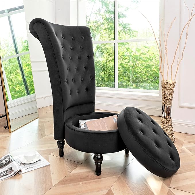 Royal High-Back Velvet Accent Chair for Vanity with Storage and Luxurious Upholstery, Retro Design and Versatile Usage for Living Room, Bedroom, Lounge and Office, Black