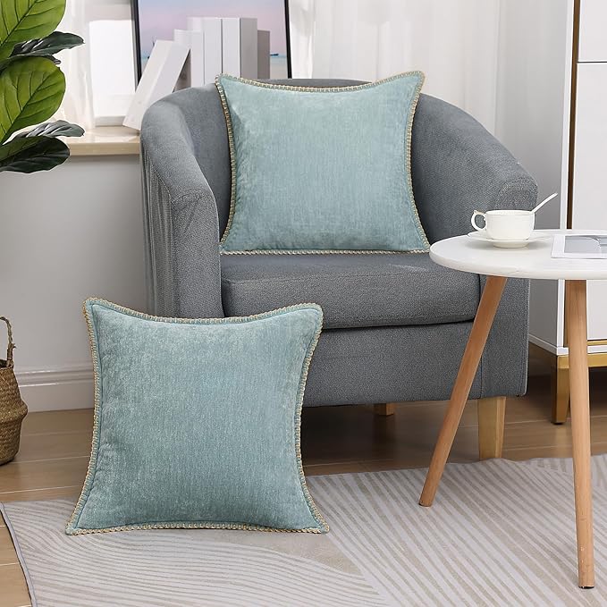 decorUhome Spring Chenille Soft Cozy Throw Pillow Covers 22x22 Set of 2, Modern Farmhouse Boho Velvet Decorative Euro Sham Pillow Cases with Stitched Edge for Couch Sofa Bed Home Decor, Aqua Haze