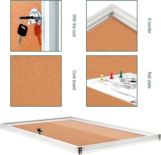 BIBOC Enclosed Cork Bulletin Board Weatherproof Display Cases Tamperproof Notice Poster Memo Board with Aluminum Frame,36x24 inches (Cork12)