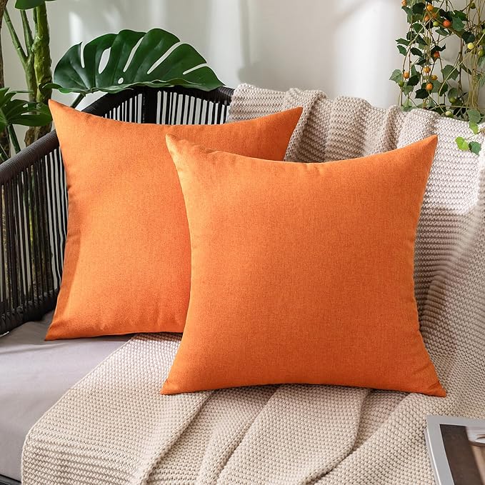 MIULEE Pack of 2 Decorative Outdoor Solid Waterproof Throw Pillow Covers Faux Linen Garden Farmhouse Cushion Cases for Summer Patio Tent Balcony Couch Sofa 12x12 Inch Bright Orange