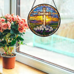 Christian Gifts for Women - Cross Stained Glass Window Hanging Jesus Easter Daisy Grassland Sunset Sun Catcher Garden Religion Decor Mother's Day Catholic Gift for Men Grandma Nana Her 15"