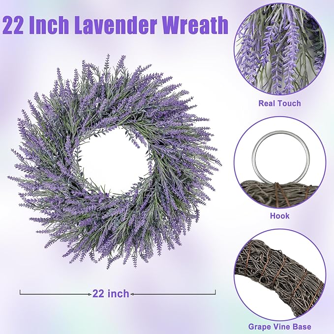 22 Inch Summer Spring Wreaths for Front Door Romance Lavender Wreath, Elegant Artificial Front Door Wreath for All Season Spring Decorations for Home Wall Entryway Farmhouse Porch Room Decor