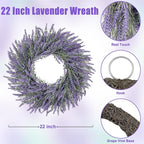 22 Inch Summer Spring Wreaths for Front Door Romance Lavender Wreath, Elegant Artificial Front Door Wreath for All Season Spring Decorations for Home Wall Entryway Farmhouse Porch Room Decor