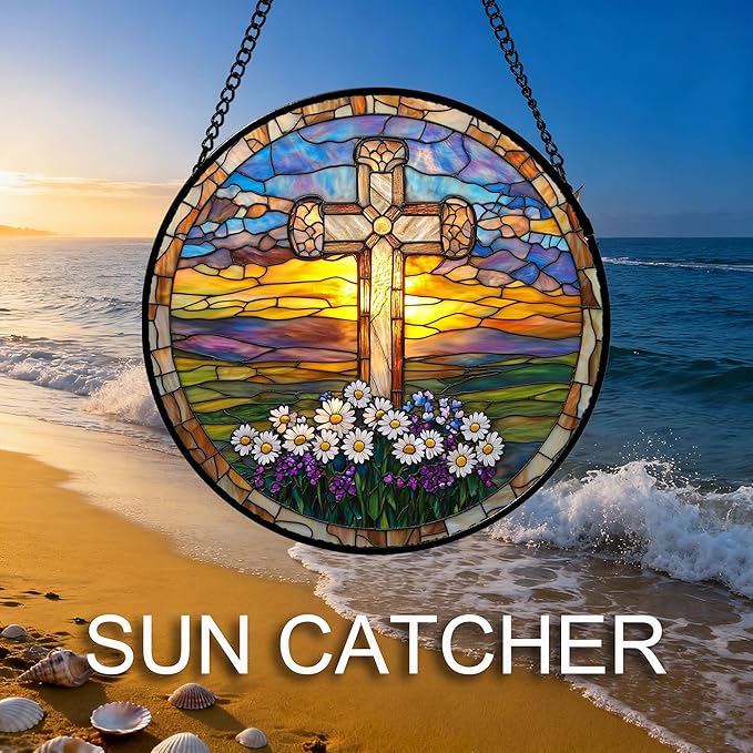 Christian Gifts for Women - Cross Stained Glass Window Hanging Jesus Easter Daisy Grassland Sunset Sun Catcher Garden Religion Decor Mother's Day Catholic Gift for Men Grandma Nana Her 9.8"