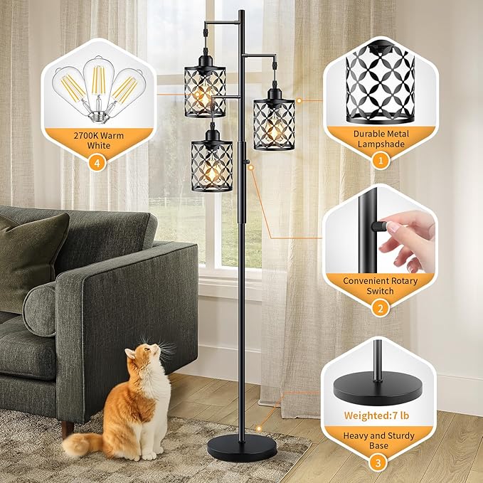 68" Dimmable Floor Lamp, Farmhouse Standing Lamp with Elegant Metal Cage, Industrial Tall Tree Floor Lamps for Living Room, Bedroom, Study Room, Office (2000LM LED Bulbs Included) - Black
