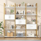 Semoic Triple Wide 6 Tiers Industrial Book Shelf with 3 Drawers and Storage Shelves, 73.6" Tall Bookcase with 16 Open Display Shelves, Large Etagere Bookshelf with Metal Frame for Home & Office, Gold