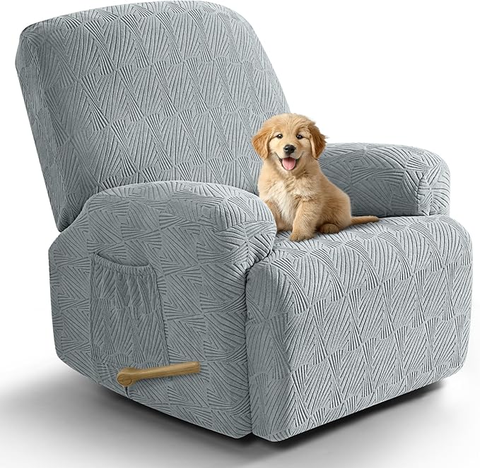 VANSOFY Recliner Chair Covers, 4-Pieces Stretch Recliner Cover Jacquard Soft Reclining Chair Slipcover Furniture Protector with Elastic Bottom for Lazy Boy Recliner(Light Gray)