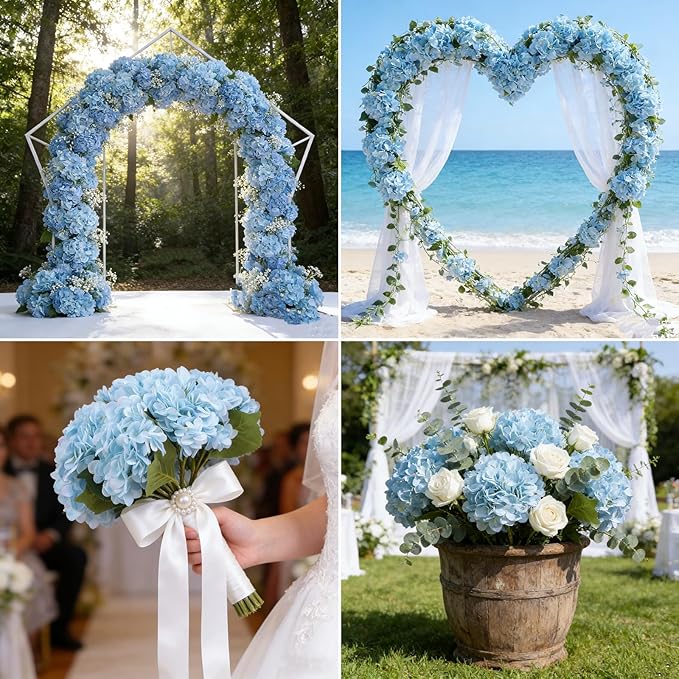 Kimura's Cabin 6pcs Blue Artificial Silk Flowers Fake Hydrangeas Flower with Stems Faux Hydrangea Bouquets for Home Wedding Party Table Core Decoration (Blue, Pack of 6)