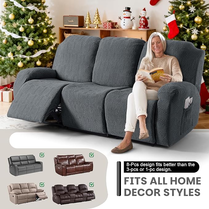 VANSOFY Recliner Couch Cover, 8-Pieces Stretch Recliner Sofa Cover Soft Jacquard Reclining Slipcover Furniture Protector with Elastic Bottom for Kid, Pets(3 Seat,Dark Gray)