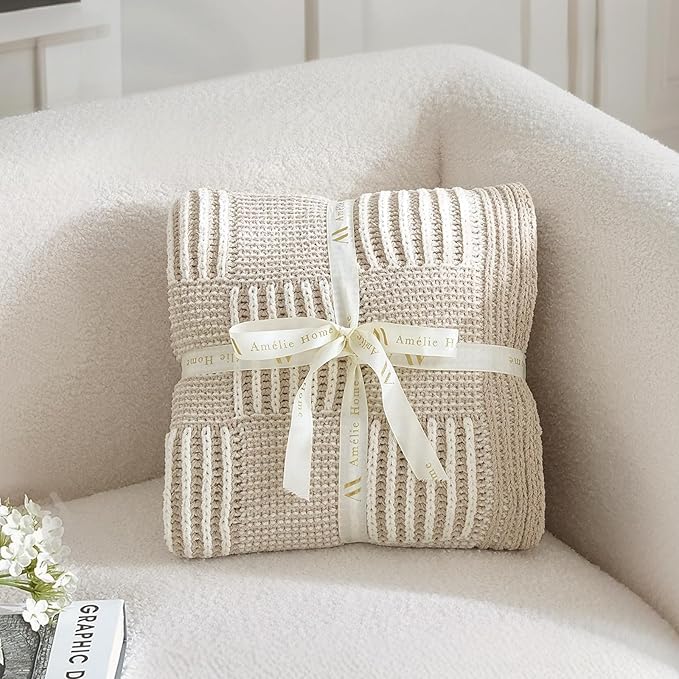 Amélie Home Checkered Knit Throw Blanket for Couch, Chenille Texture Decorative Soft Blanket for Sofa & Chair, 50"x60", Khaki & White