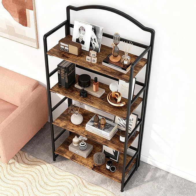 JSB No Assembly Folding Bookshelf, 4 Tier Book Shelf for Storage, Vintage Wood Foldable Bookcase for Living Room, Bedroom, Office Organization Shelves