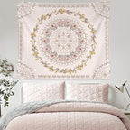 Lifeel White Pink Bohemian Tapestry Wall Hanging, Mandala Floral Medallion Hippie Tapestry with Light Brown Aesthetic Wreath Design, Cream Wall Decor Blanket for Bedroom Home Dorm, Small 50×60 inches
