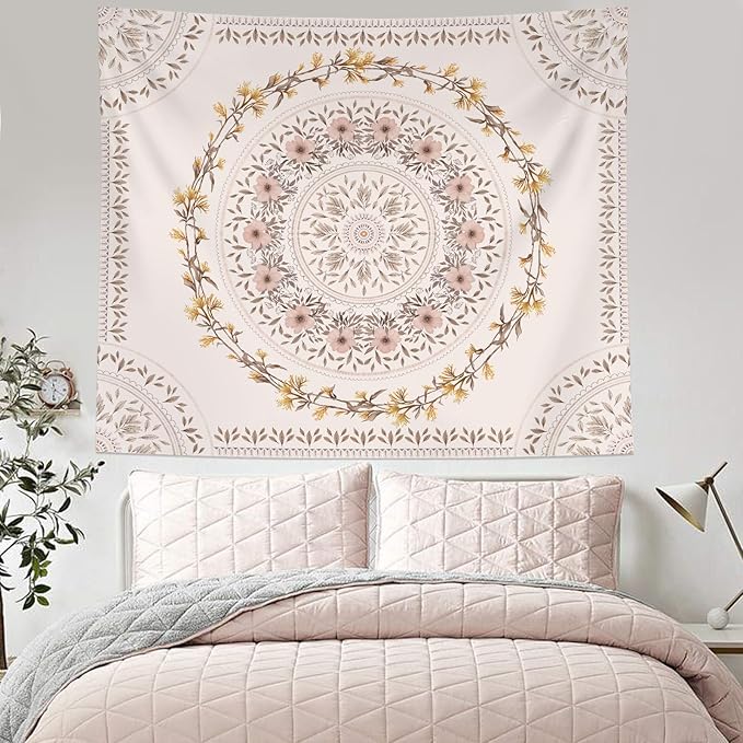 Lifeel White Pink Bohemian Tapestry Wall Hanging, Mandala Floral Medallion Hippie Tapestry with Light Brown Aesthetic Wreath Design, Cream Wall Decor Blanket for Bedroom Home Dorm, Large 68×80 inches