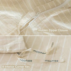 MooMee Striped Duvet Cover Set 100% Washed Cotton Linen Like Textured Breathable Durable Soft Comfy (Almond Milk Grey White Wide Stripes, Oversized Full 82"x86")