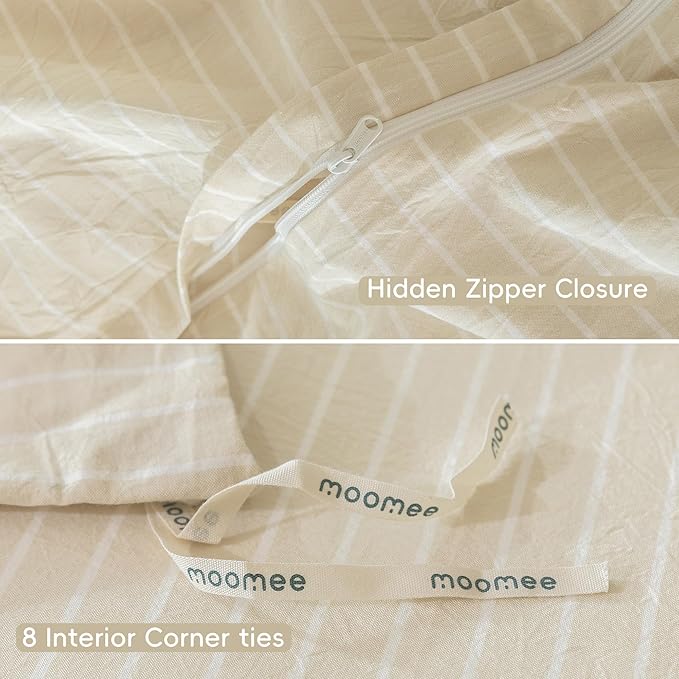 MooMee Striped Duvet Cover Set 100% Washed Cotton Linen Like Textured Breathable Durable Soft Comfy (Almond Milk Grey White Wide Stripes, Twin 68"x90")