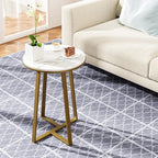 Round End Tables, Small Side Table White Marble Texture MDF Top,Metal Frame Gold Color, Tall End Table for Bed Room,Coffee Tea End Table for Living Room (White Marble+Gold)