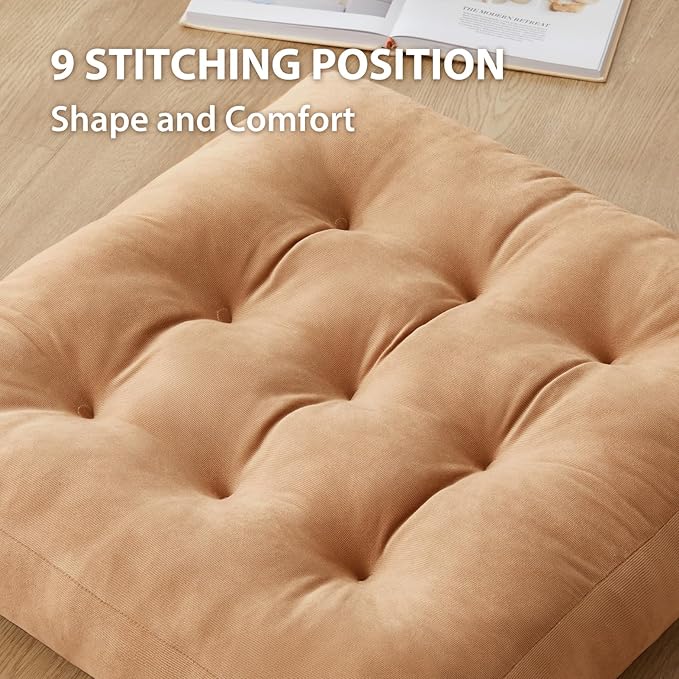 Meditation Floor Pillow Set of 6, Square Large Pillows Seating for Adults, Meditation Cushion Pillow,Tufted Corduroy Cushion for Tatami Living Room or Yoga, Coffee, 22x22 Inch
