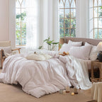 MooMee Striped Duvet Cover Set 100% Washed Cotton Linen Like Textured Breathable Durable Soft Comfy (Heathered Greyish Pink Pinstripes, King 104"x90")