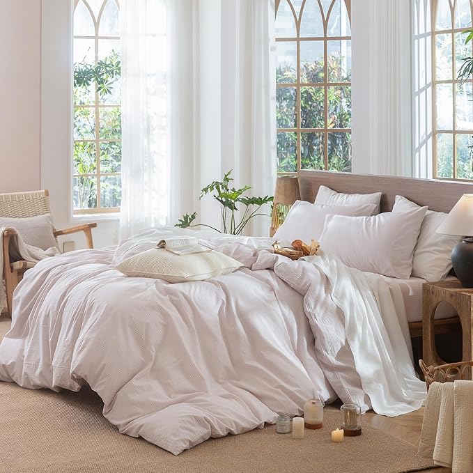 MooMee Striped Duvet Cover Set 100% Washed Cotton Linen Like Textured Breathable Durable Soft Comfy (Heathered Greyish Pink Pinstripes, King 104"x90")