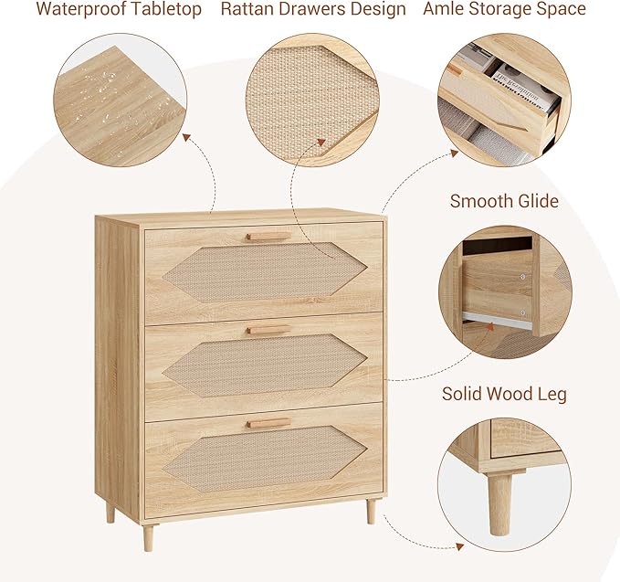 Dressers for Bedroom, 3 Drawer Rattan Dresser with Spacious Storage, Modern Wood Chest of Drawers, Rustic Oak Wooden Nightstand for Bedroom, Living Room, Hallway, Easy Assembly, Closet Organi