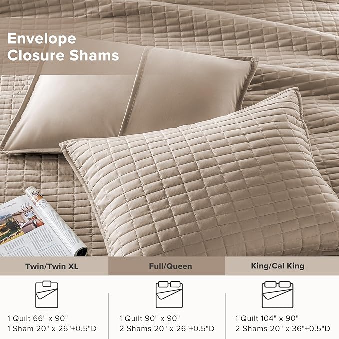 Comfort Spaces Kienna Quilt Set- Double Sided Stitching Design Summer Blanket, Lightweight, Soft, All Season Bedding Layer, Matching Sham, Taupe, Coverlet Full/Queen(90"x90") 3 Piece