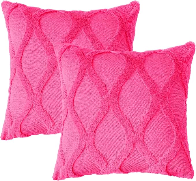 decorUhome Spring Euro Sham Throw Pillow Covers 24x24 Inch Set of 2, Soft Plush Faux Fur Wool Hot Pink Couch Pillow Covers, Decorative Neutral Pillow Cases for Bed Sofa Living Room Valentines Decor