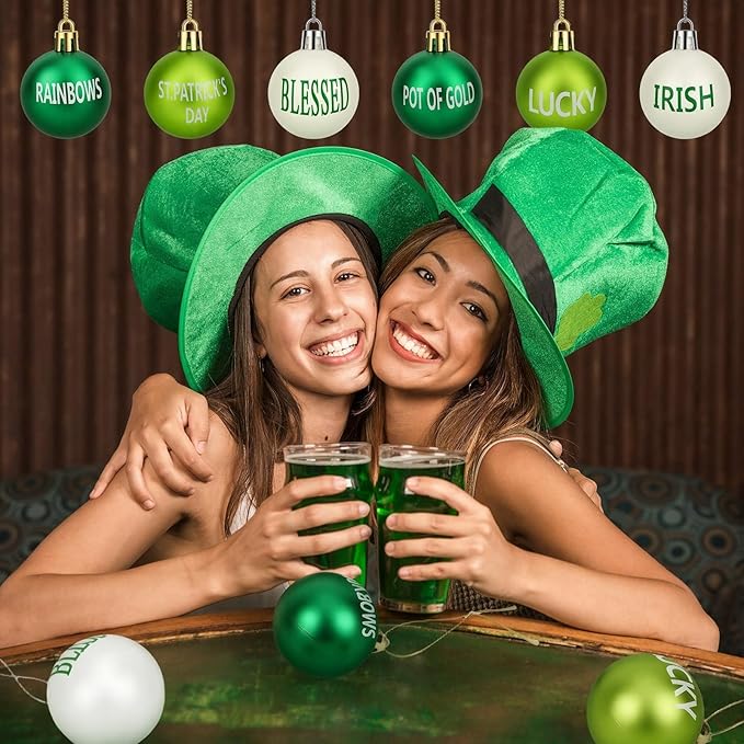 JULMELON 24 Pcs St. Patrick's Day Ornaments, 1.6 inches Shatterproof Shamrock Balls with Irish Blessings, Green White Plastic Tree Decorations for St. Patrick's Day Party, Festival