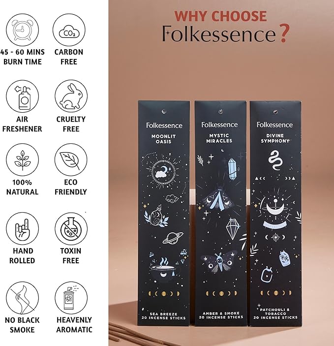 Folkulture Incense Sticks (120 Sticks) | Set of 6 Premium Incense for Cleansing, Aromatherapy, Valentines Day Gifts for Him | No Charcoal, Non Toxic, 45 Mins Palo Santo, Sandalwood Insence-Sticks