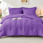 HYMOKEGE Dark Purple King Size Comforter Set Seersucker 7 Pieces, All Season Luxury Bed in a Bag for Bedroom, Bedding Set with Comforter, Sheets, Pillowcases & Shams