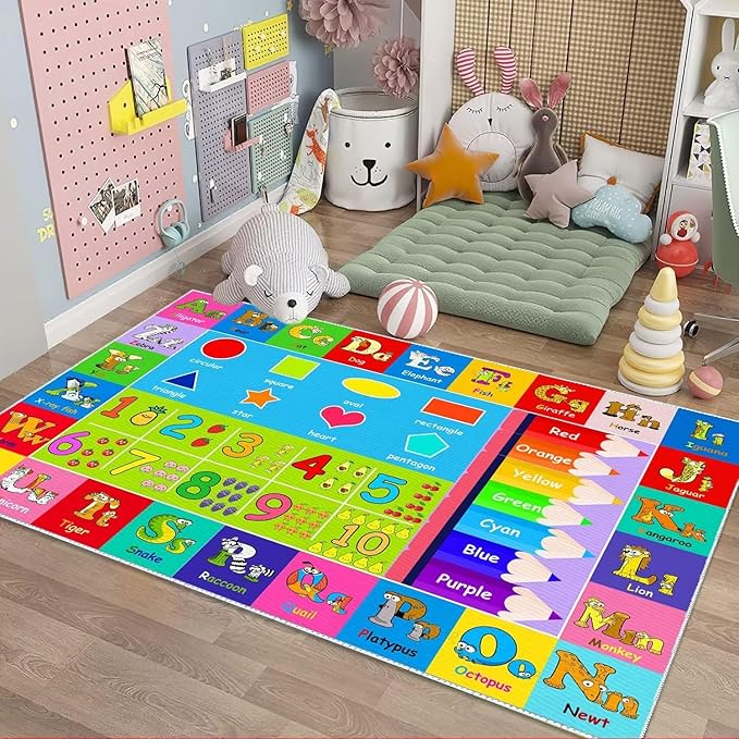 Kids Alphabet Play Game Rug - 5' 3" x8' ABC Numbers and Shapes Educational Learning Toddler Carpet - Kids Room Playroom Classroom Kindergarten Activity Fun Soft Non-Slip Mat