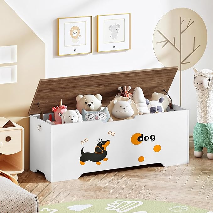 HOOBRO Toy Box, Toy Chest with 2 Safety Hinges, 47.2" Storage Bench, Wooden Storage Chest, for Entryway, Bedroom, Living Room, White and Walnut WH496CW01