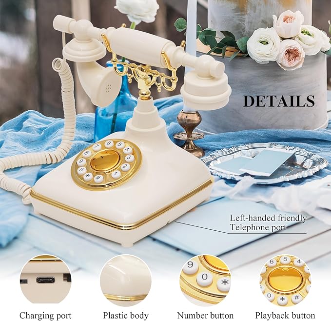 UKBW Audio Guest Book Wedding Phone, Audio Phone Guestbook, Vintage Retro Style Audio Guest Book Phone for Wedding, Birthday Party, Anniversary and Other Special Occasions(Beige)