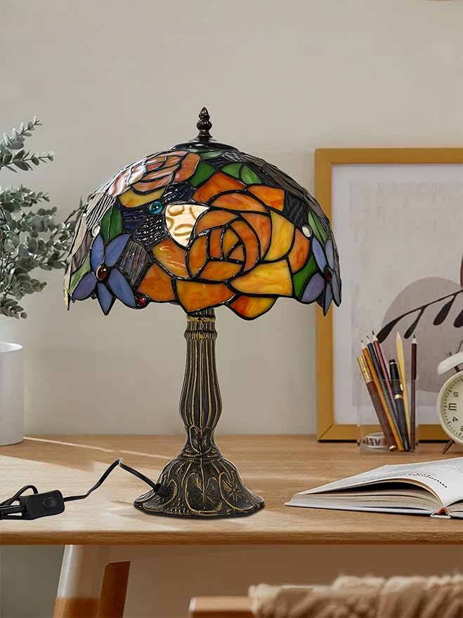 KY&BOSAM Tiffany Style Table Lamp Stained Glass Red Rose Desk Lamp Lights 19 Inch Tall Glass 12 Inch Wide Shade Beside Lamp1 Bulb Antique Zinc Base for Home Living Room Bedroom Kitchen Table Top Décor